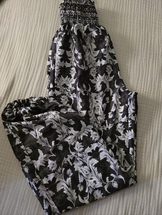 Pants - Black & White Floral Smocked Harem Pants
